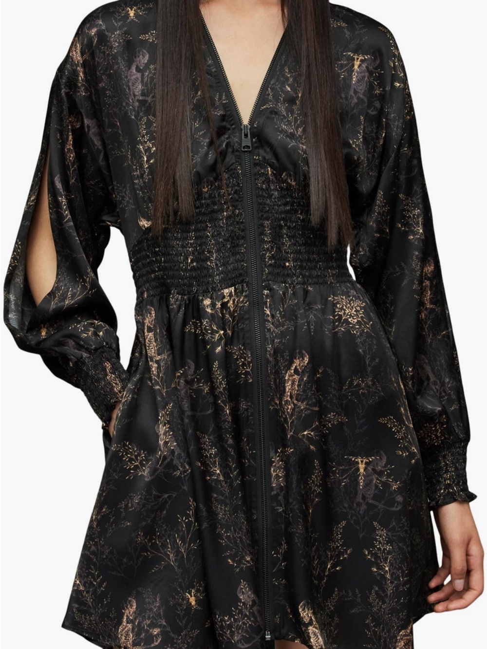AllSaints Nilah Print Split Long Sleeve Satin Mini Dress